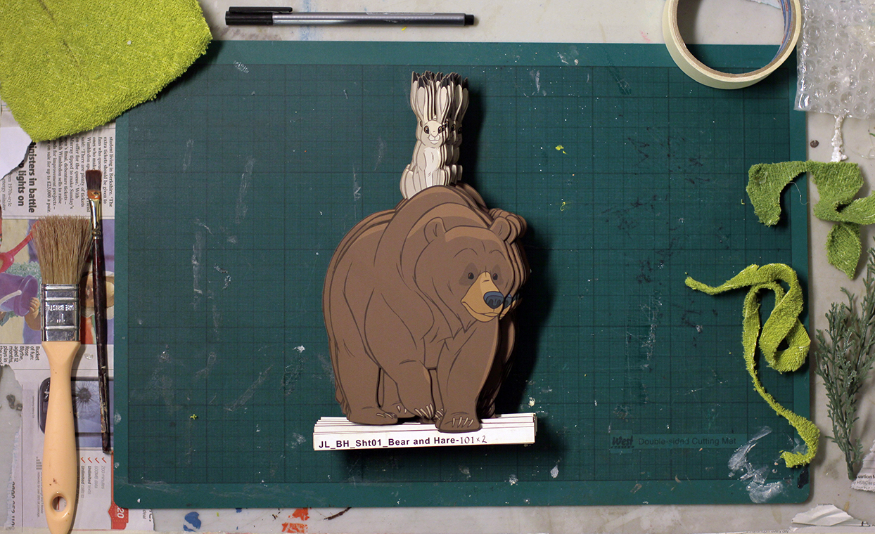 The bear and the hare cut out shape animation stills, laser cut out onto Foamex board