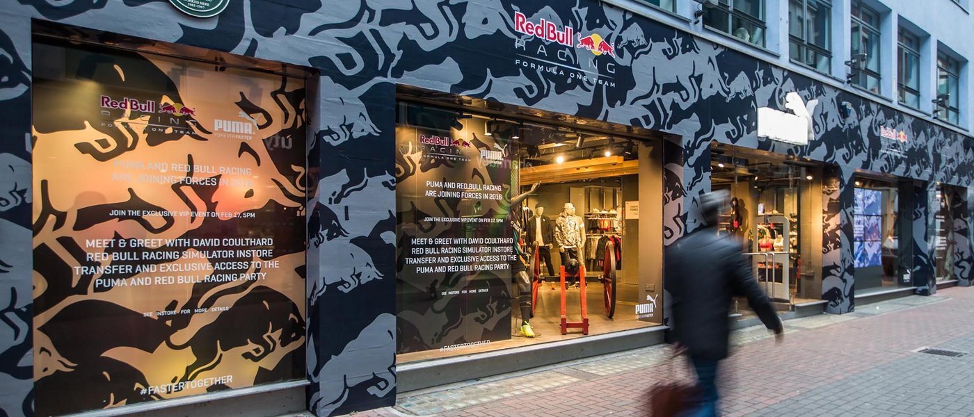Red Bull Racing Puma store Carnaby Street London printed facade graphics and installation
