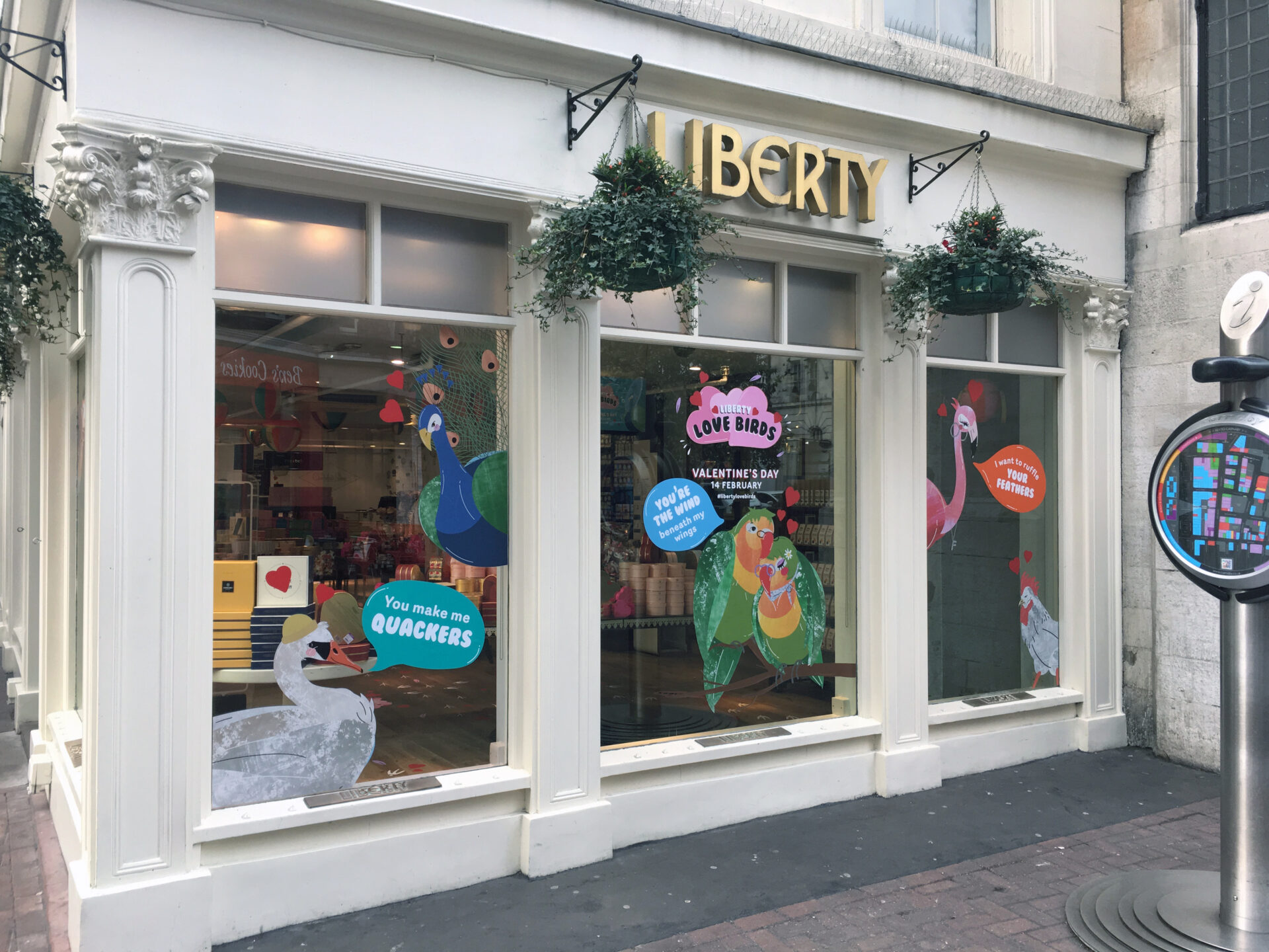 Liberty's Shop window graphics with the iconic display of the Valentine Love Birds