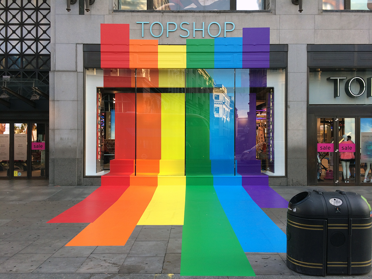 Love Pride window display at Top Shop, Oxford Street, London