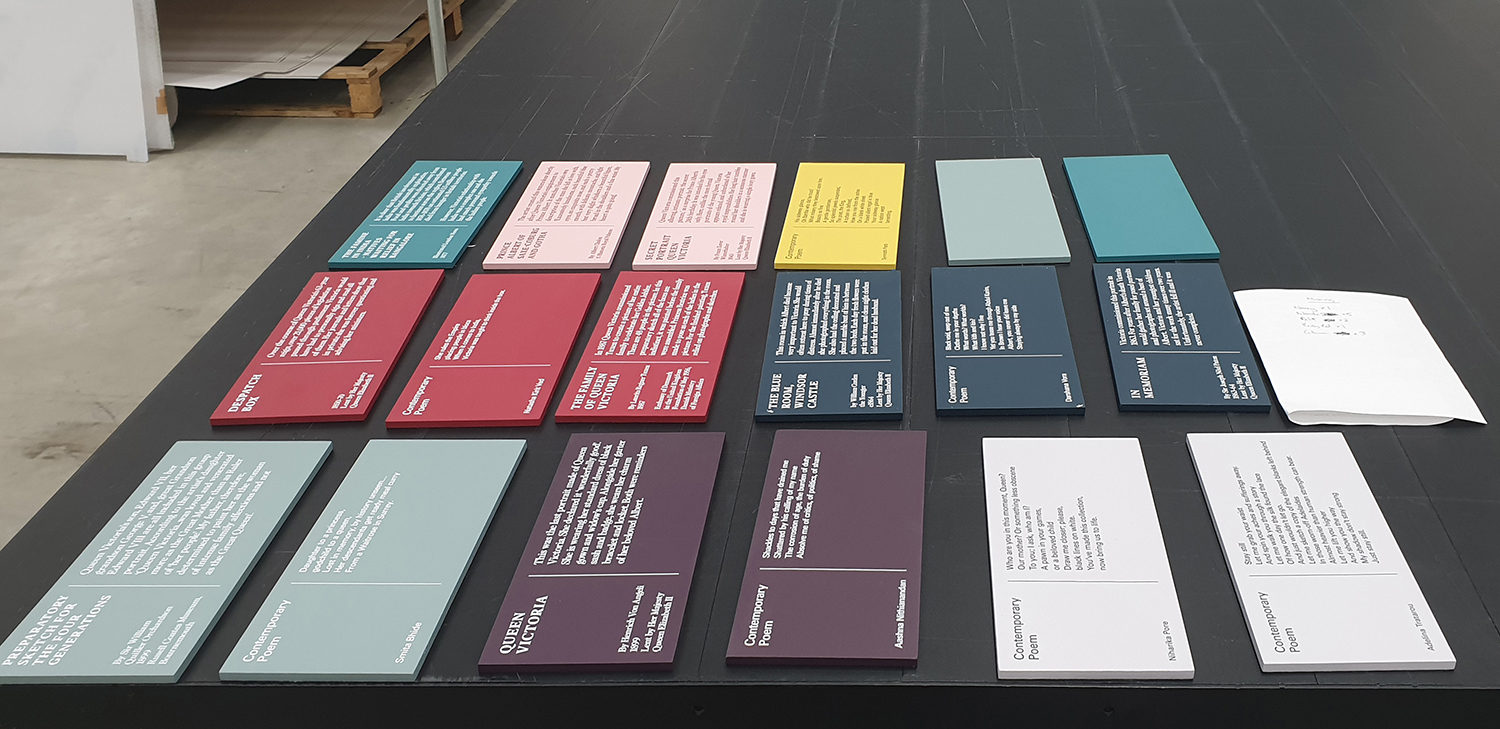 small text signage laid out in different colours for exhibition labelling for kensington palace