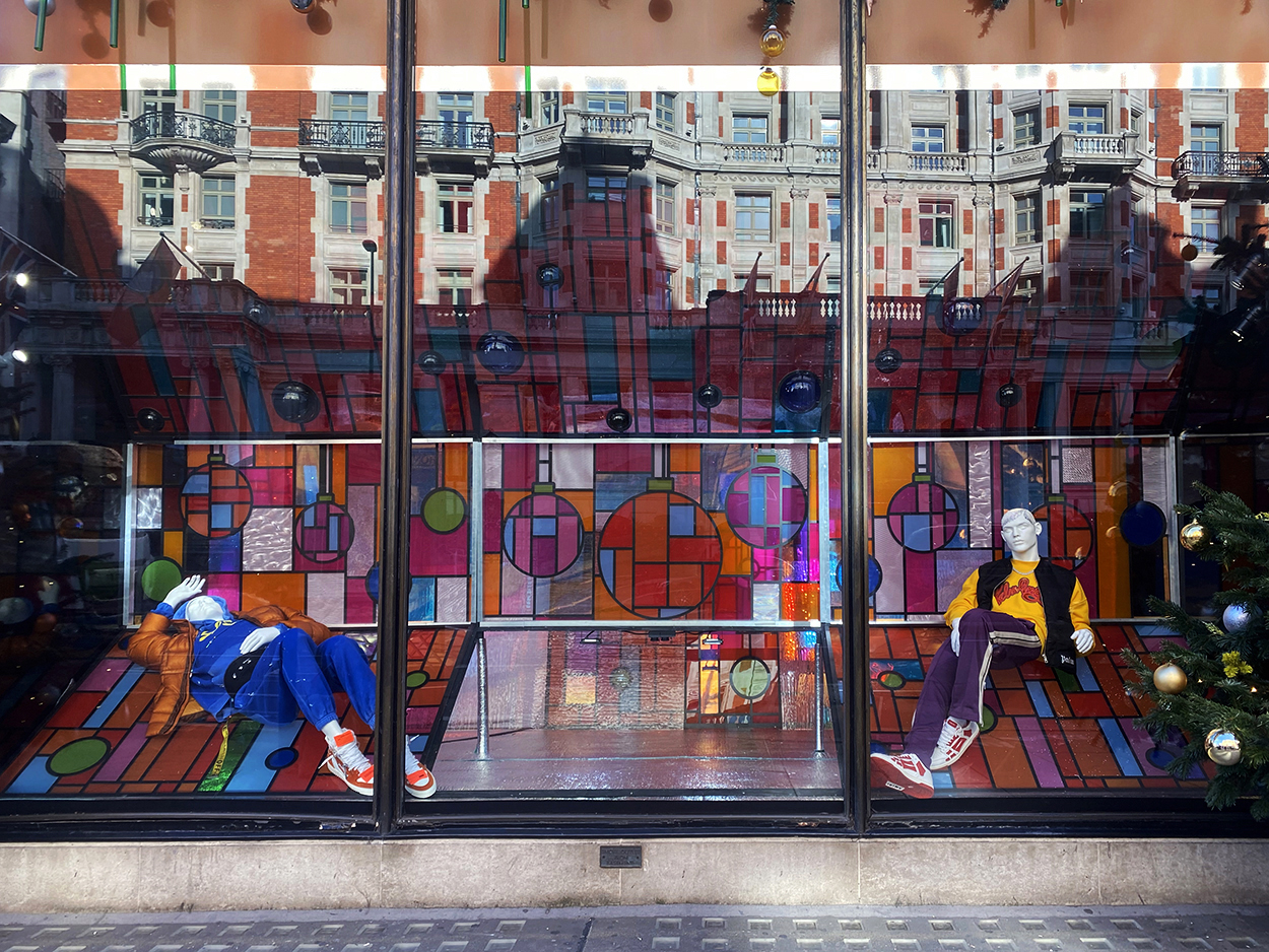 street view of the colour stained glass window display in Harvey Nichols