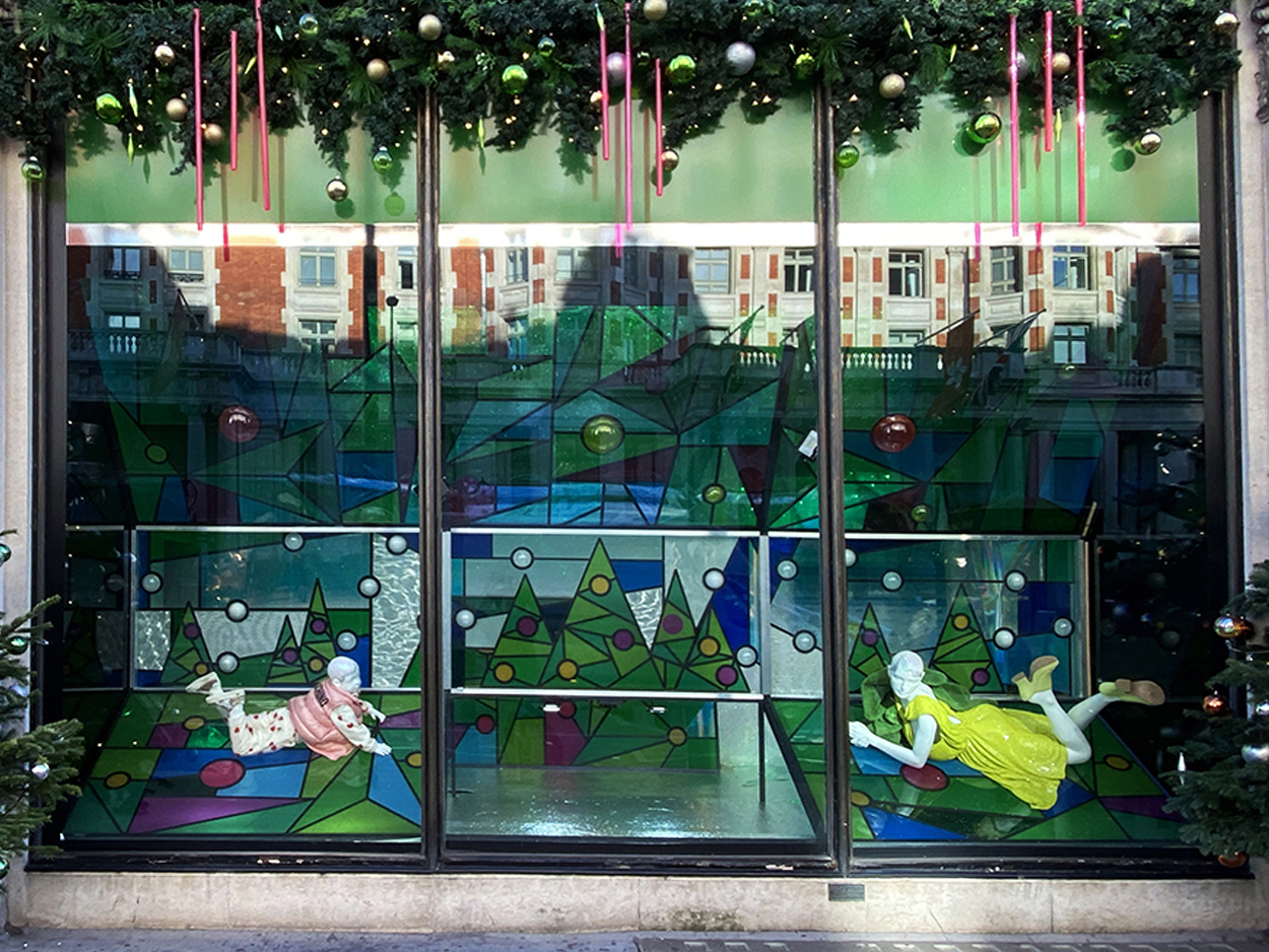 Brightly coloured Christmas windows at Harvey Nichols